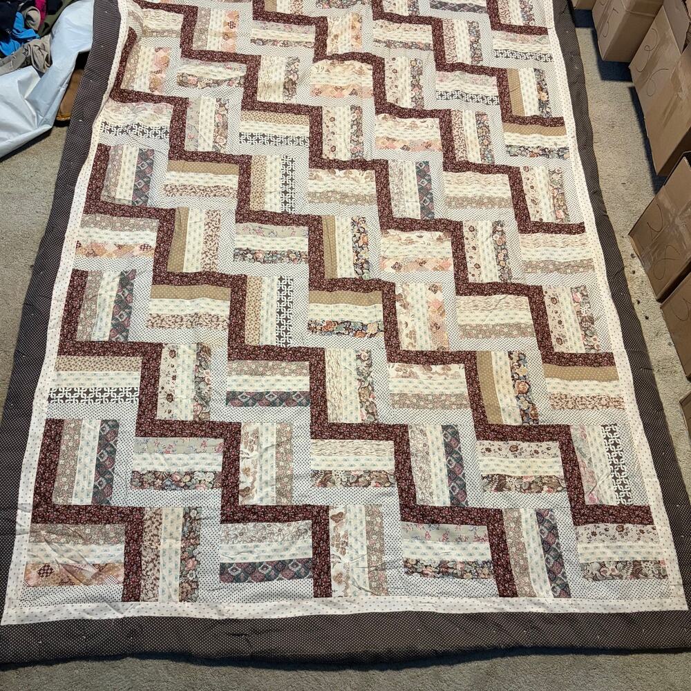 Vintage 1994 Handmade Patchwork Quilt Brown Geometric Rail Fence Twin XL 61x95